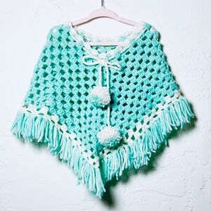 VNTG Hand-Knit Teal & White Pom Pom Shawl Kids OS